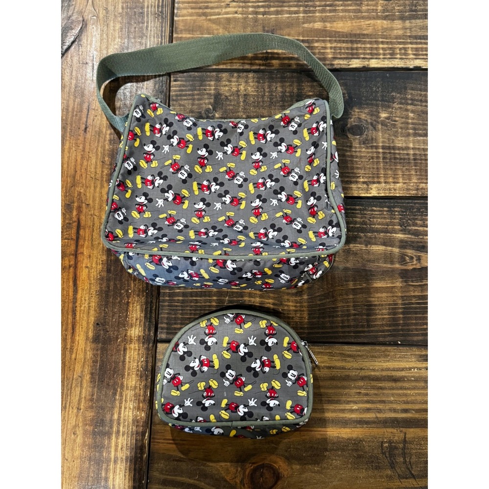 Disney Mickey Mouse Purse Bag Set Green All Over Print 2 Piece Travel Pouch Bag
